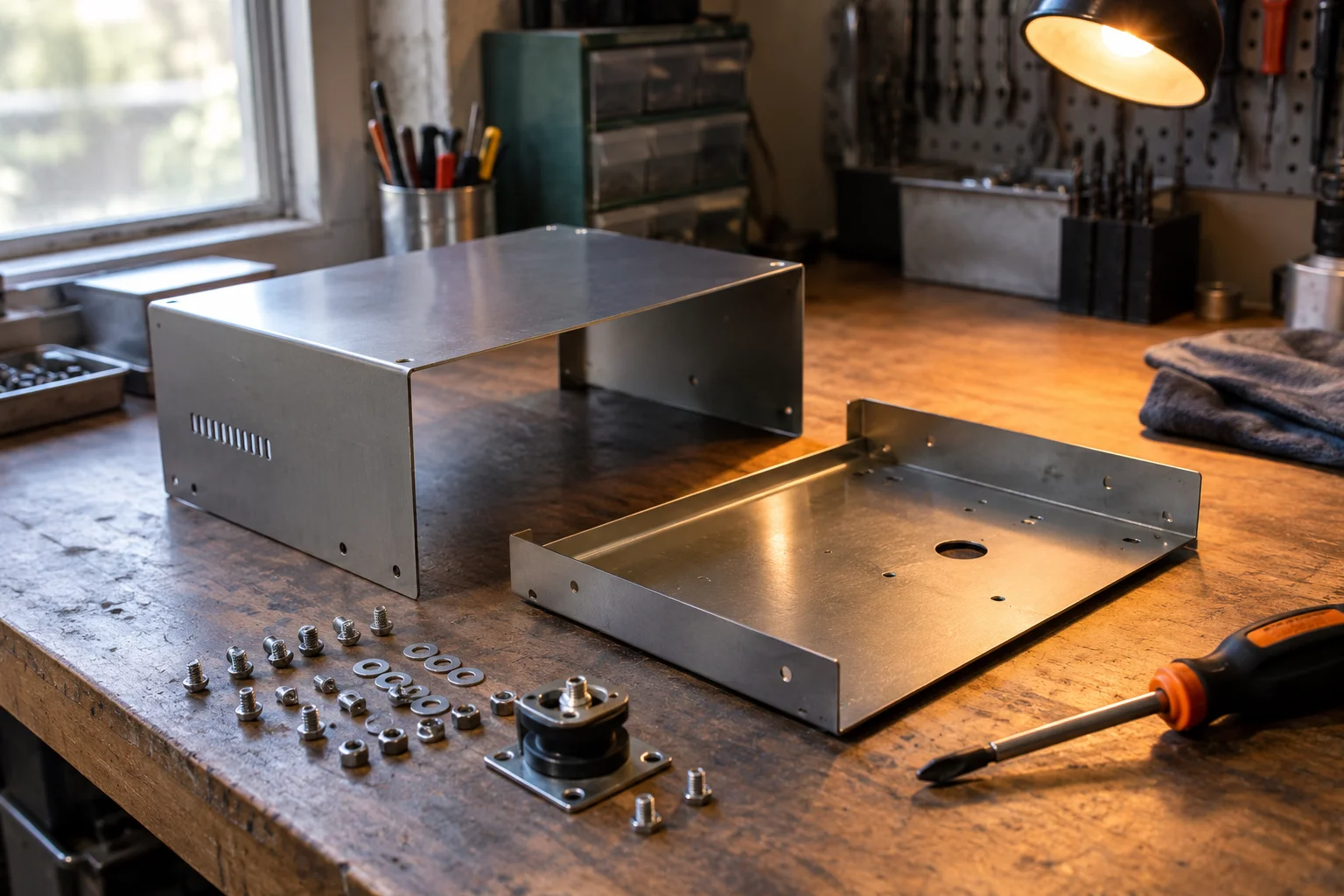 Sheet-metal enclosure panels and fasteners arranged for assembly