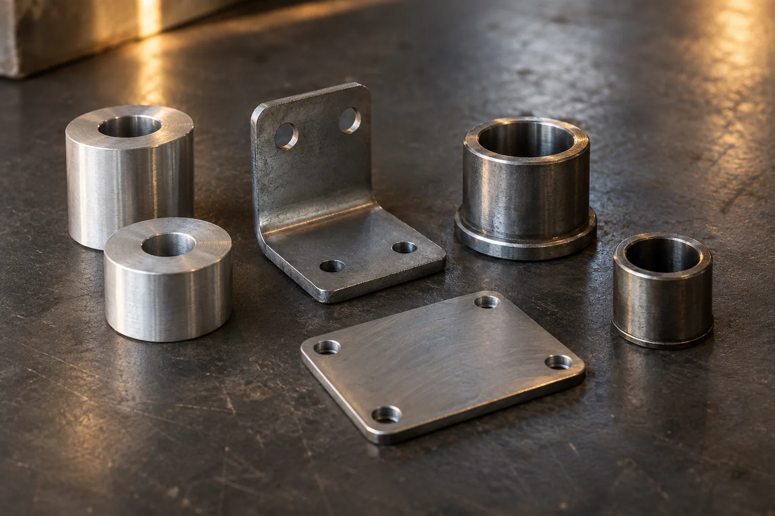 Brushed metal components, bushings and a mounting plate on a workbench