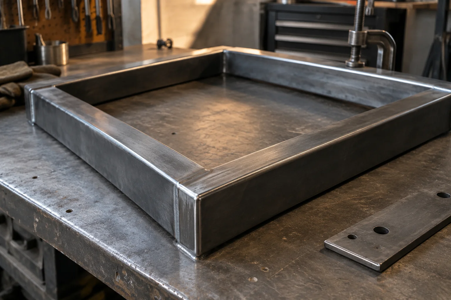 A rectangular fabricated steel frame with joined members on a bench
