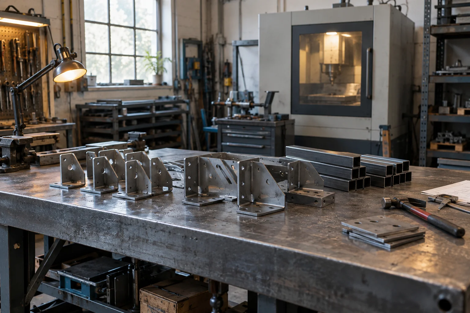Illustrative fabrication workshop with a metal workbench, parts and storage