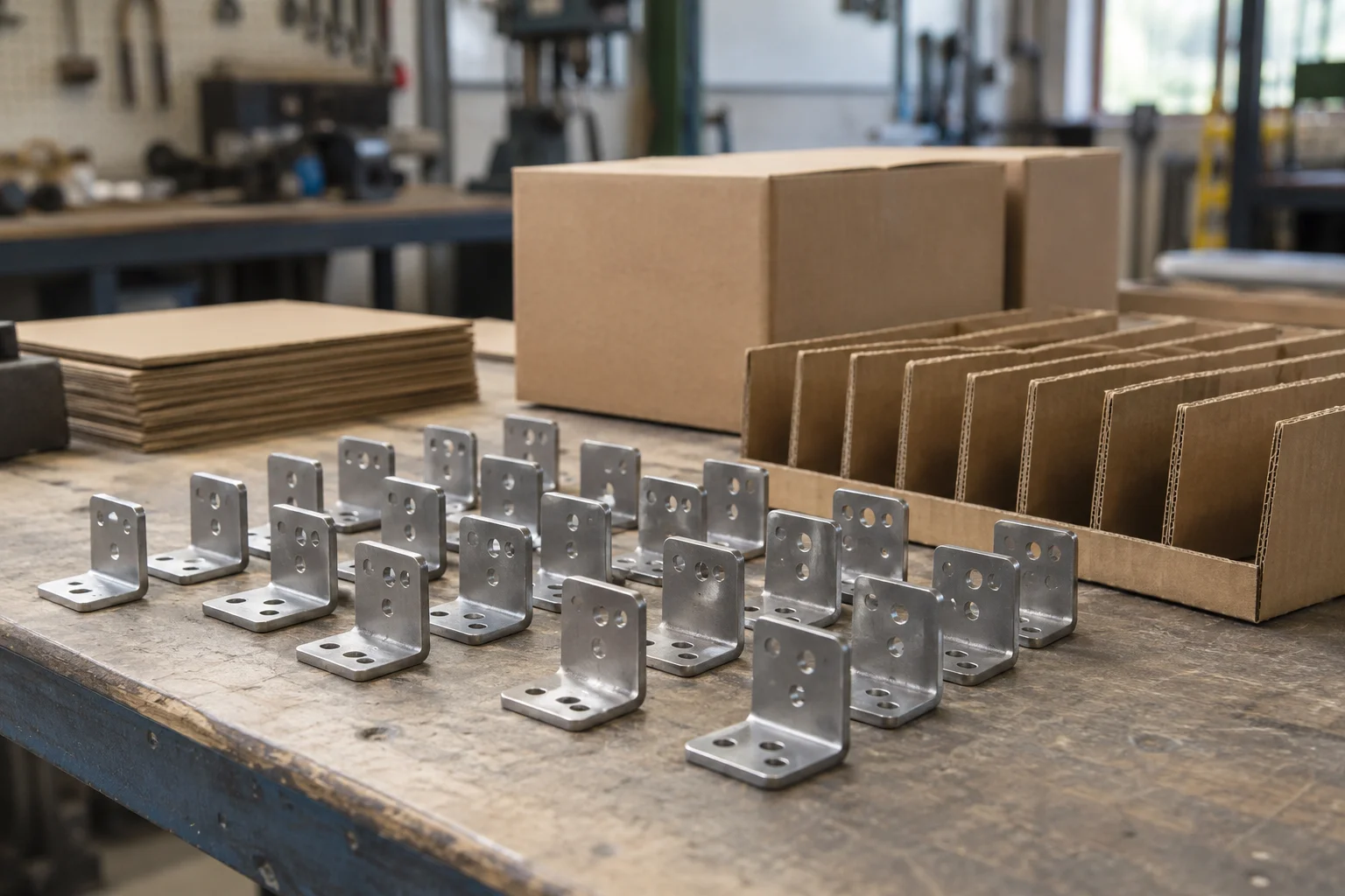 A small batch of metal brackets beside cardboard packing dividers
